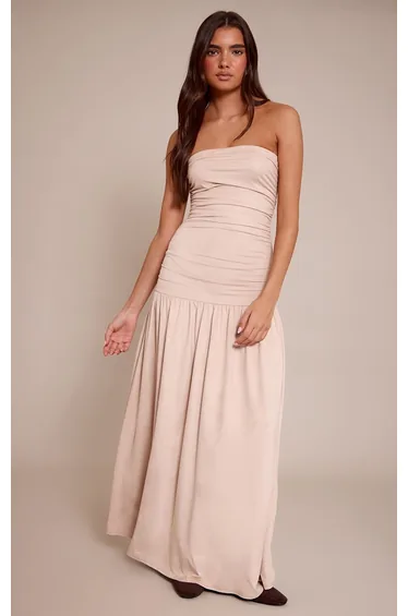 Taupe Faux Suede Bandeau Dropped Waist Maxi Dress