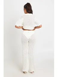 Crochet Long Line Top and Wide Leg Trouser - cream - 1