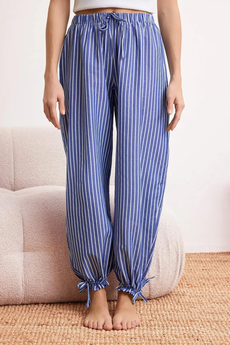White-Blue Striped Balloon Fit Top Knitted Bottom Woven Pajama Set - 2