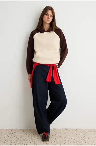 Stone Brown Color Block Hooded Thick Fleece Lined Oversize Knitted Sweatshirt