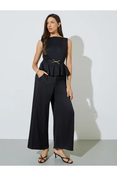 Black Buckle Waist Peplum Top and Trousers Co-ord Set