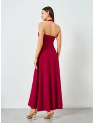 Red Halter Neck Sleeveless A-Line Maxi Dress - 4