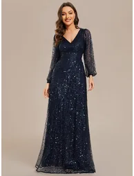 ever RAYVEN|Shimmering All Over V-Neck Long Lantern Sleeve Sequin A-Line Evening Dress - 3