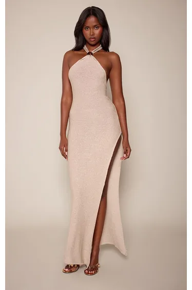Gold Lurex Knit Trim Detail Halterneck Maxi Dress