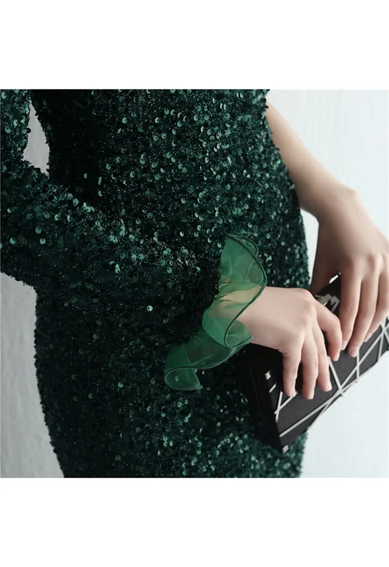 One-Shoulder Organza Trim Sequined Gown in Emerald - 8
