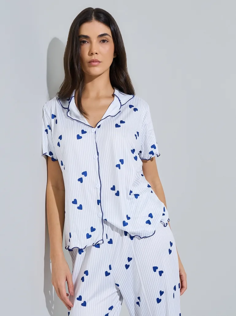Blue Heart Print Shirt and Pyjama Set - 1