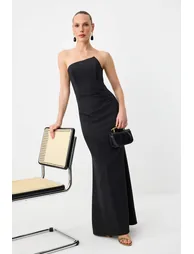 Black Plain Woven Finike Maxi Evening Dress & Homecoming Dress - 1