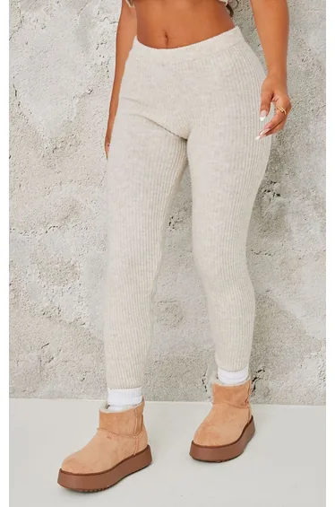 Petite Oatmeal Knitted Ribbed Leggings