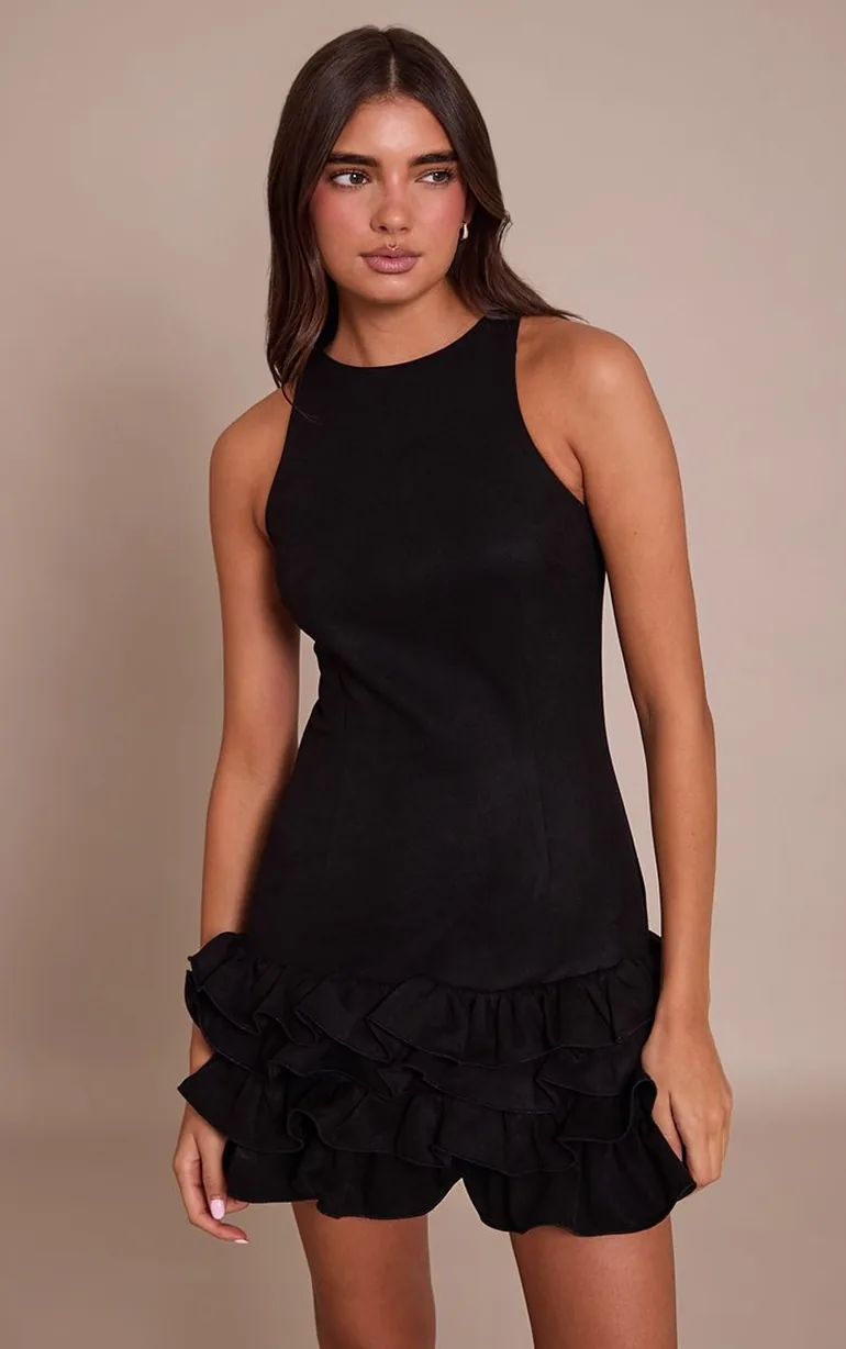 Black Faux Suede Frill Hem Shift Dress - 5