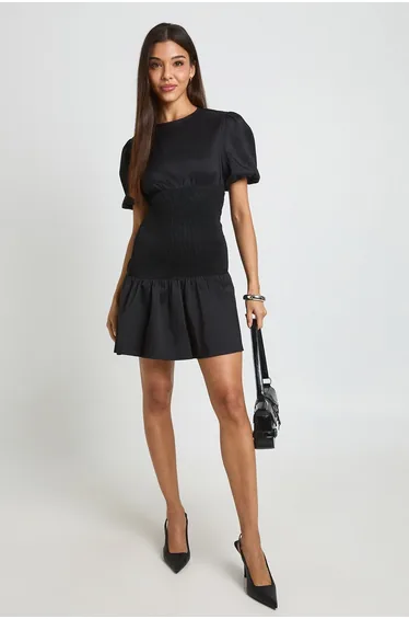 Shirred Waist Mini Dress With Drop Hem - black