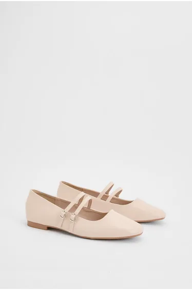 Yara Faux Leather Double Mary Jane Square Toe Padded Ballerinas