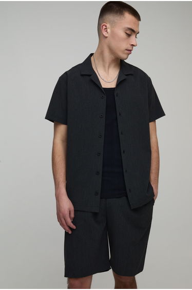 Regular Fit Seersucker Stripe Shirt & Short Set - black