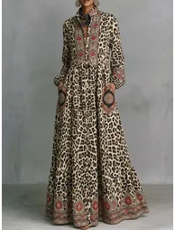 Split-Joint Printed Pockets Leopard Contrast Color Buttoned Puff Sleeves Long Sleeves Stand Collar Maxi Dresses