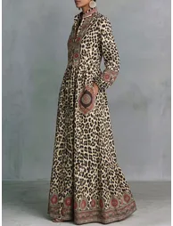 Split-Joint Printed Pockets Leopard Contrast Color Buttoned Puff Sleeves Long Sleeves Stand Collar Maxi Dresses - 1