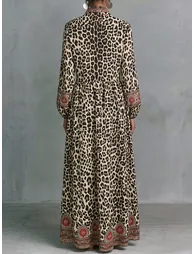 Split-Joint Printed Pockets Leopard Contrast Color Buttoned Puff Sleeves Long Sleeves Stand Collar Maxi Dresses - 2