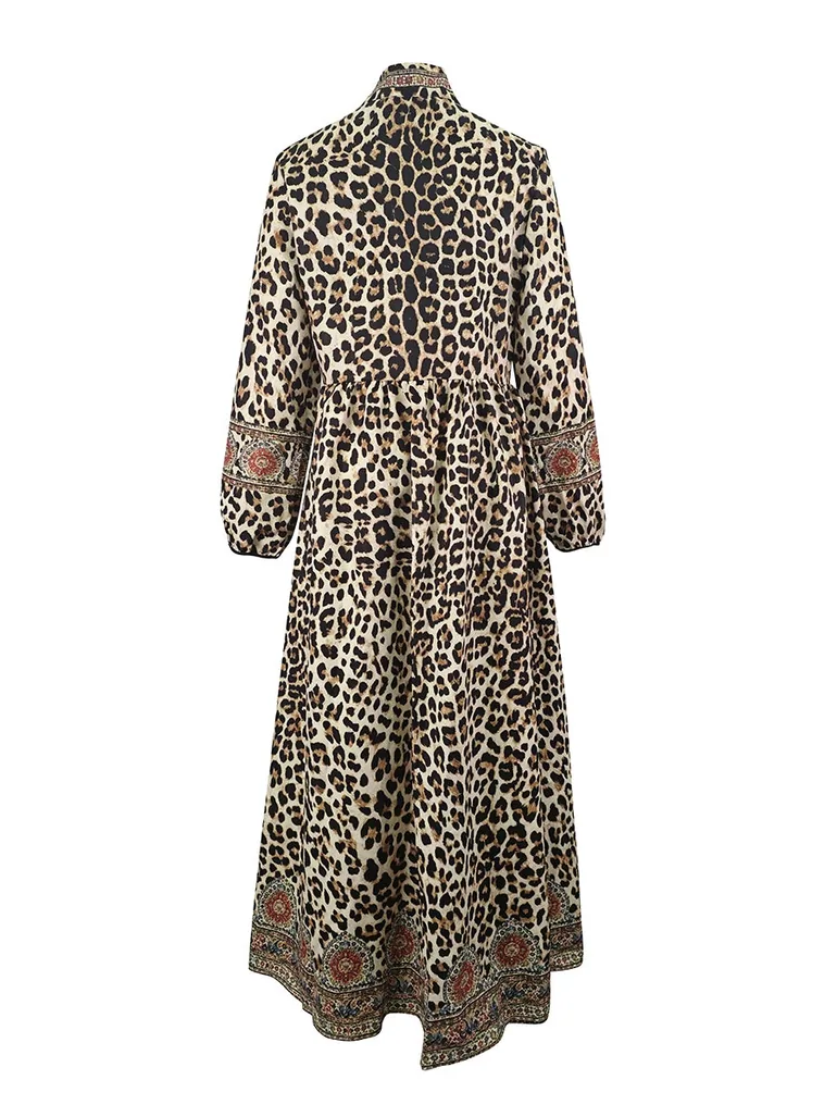 Split-Joint Printed Pockets Leopard Contrast Color Buttoned Puff Sleeves Long Sleeves Stand Collar Maxi Dresses - 4
