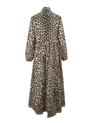 Split-Joint Printed Pockets Leopard Contrast Color Buttoned Puff Sleeves Long Sleeves Stand Collar Maxi Dresses - 4