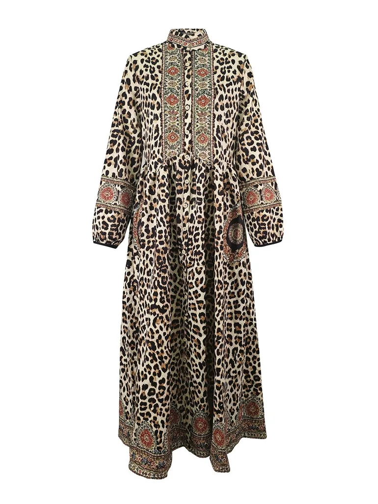 Split-Joint Printed Pockets Leopard Contrast Color Buttoned Puff Sleeves Long Sleeves Stand Collar Maxi Dresses - 3