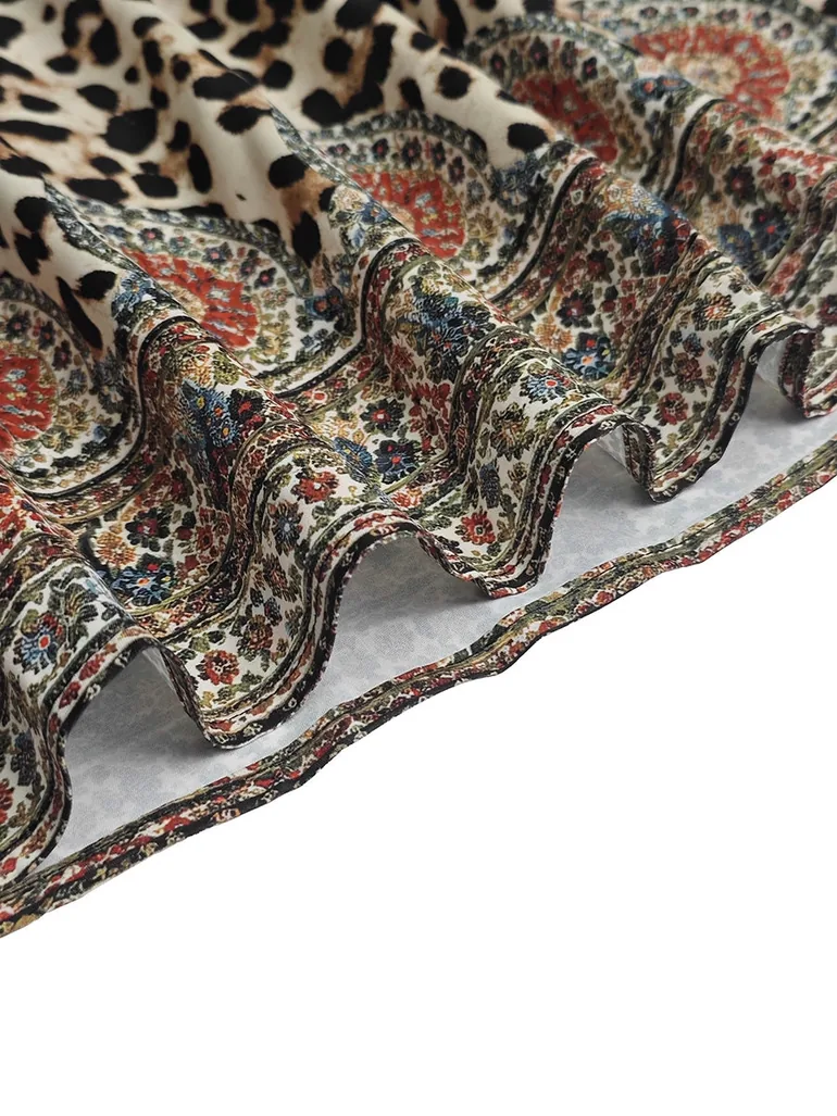 Split-Joint Printed Pockets Leopard Contrast Color Buttoned Puff Sleeves Long Sleeves Stand Collar Maxi Dresses - 8