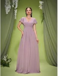 Leely Elegant V Neck Flounce Sleeve Evening Gown - 4