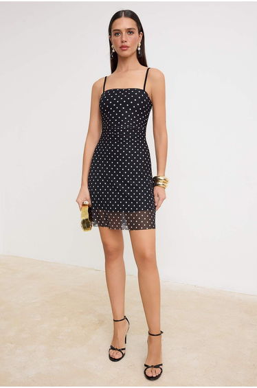 Black Plain Weave Mesh Short / Mini Lined Dress