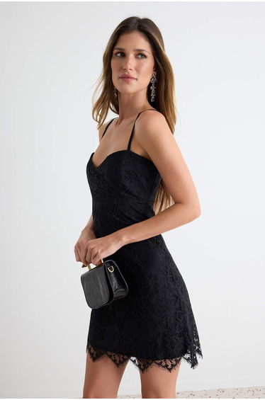 Black Lace Sweetheart Neckline A-Line/ Bell Form Short / Mini Woven Evening & Homecoming Dress product thumbnail 2