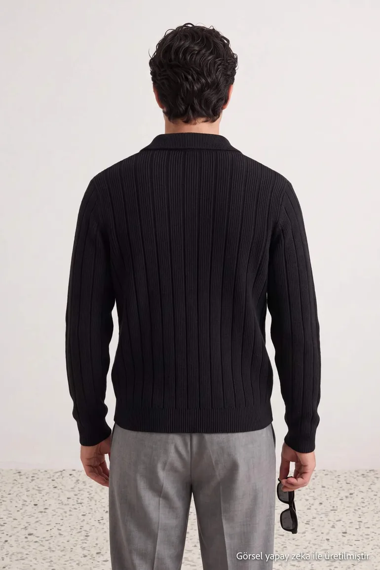 Black Regular/Normal Cut Line Textured Thick Polo Neck Knitwear Sweater - 2