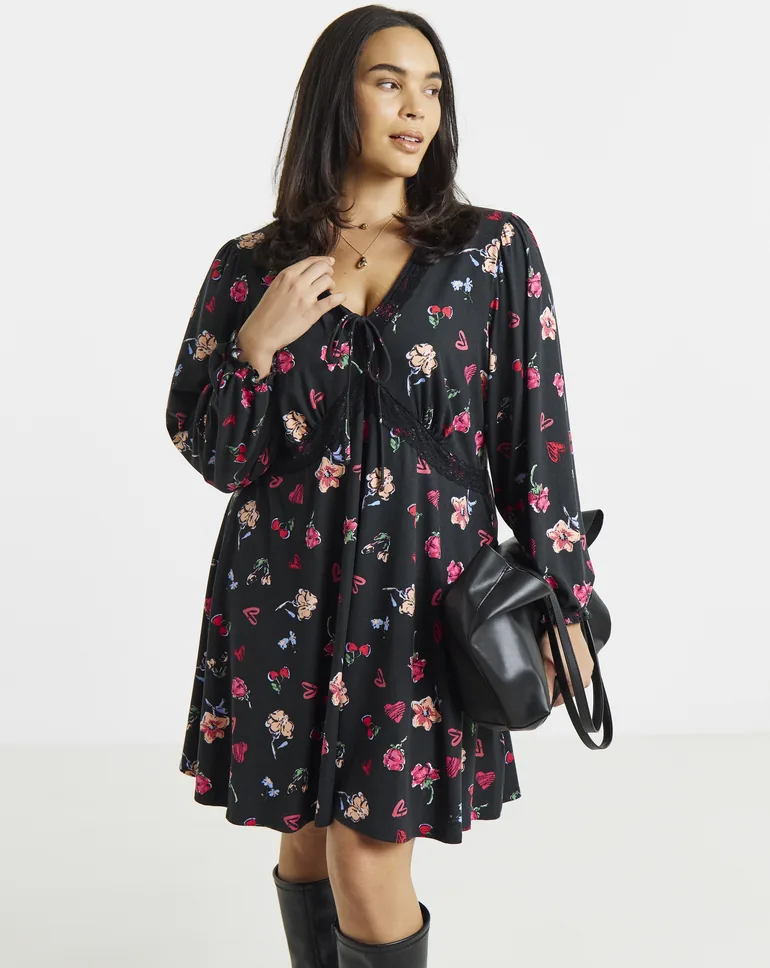 Simply Be Black Floral Lace Trim Dress - 2