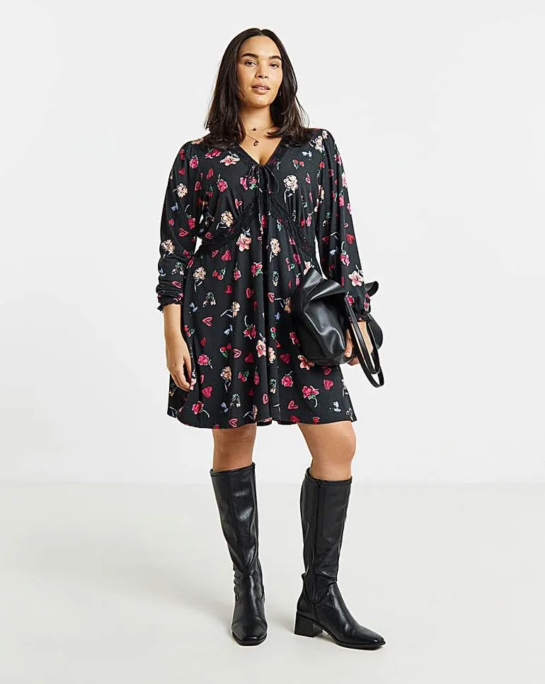 Simply Be Black Floral Lace Trim Dress