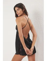 Black Satin Lace and Slit Detailed Rope Strap Woven Fantasy Nighty - 4