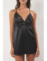 Black Satin Lace and Slit Detailed Rope Strap Woven Fantasy Nighty - 6