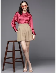 Women Pink Embellished Collar Satin Longline Shirt