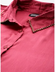 Women Pink Embellished Collar Satin Longline Shirt - 2