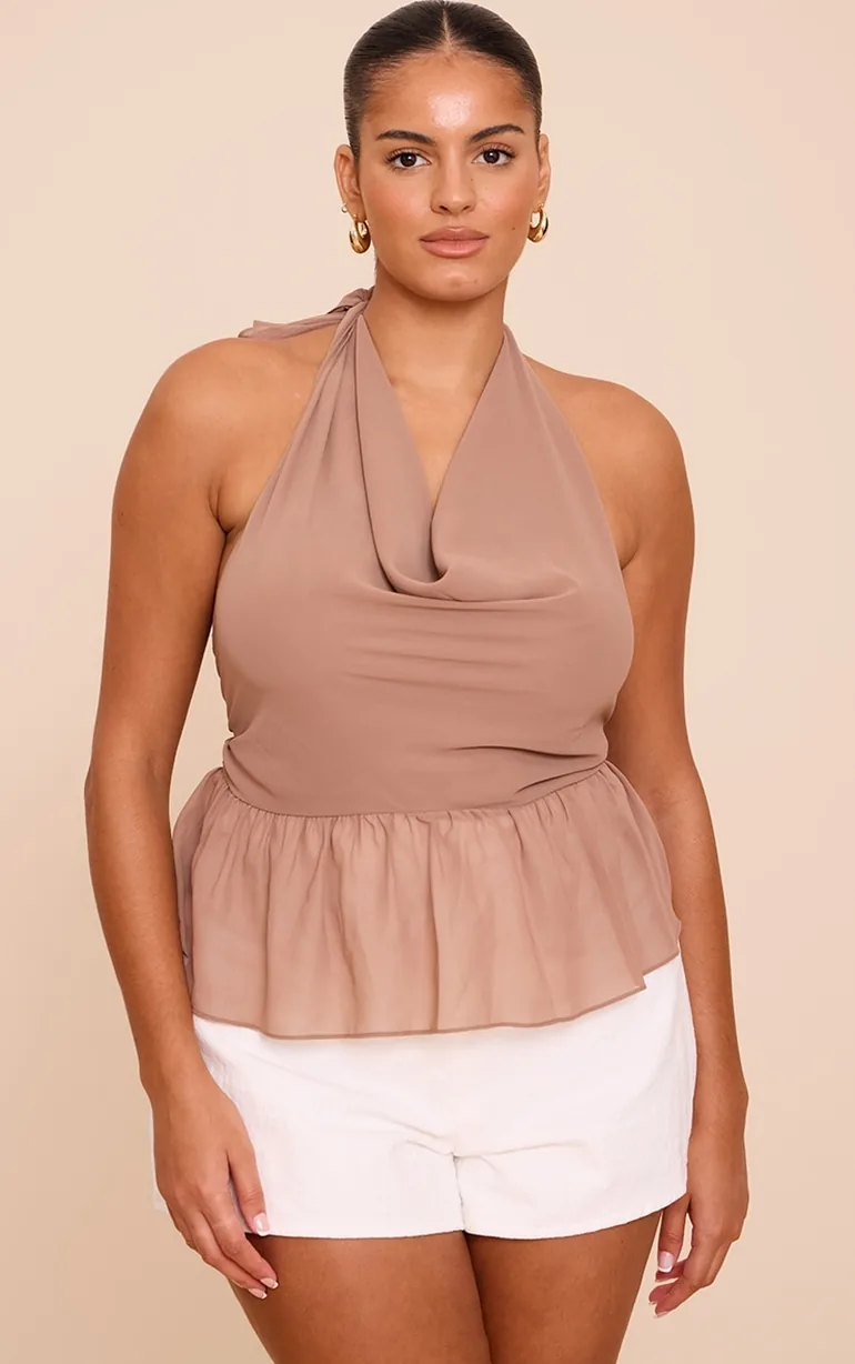Plus Mocha Chiffon Cowl Peplum Hem Halterneck Top - 1