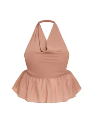 Plus Mocha Chiffon Cowl Peplum Hem Halterneck Top - 4