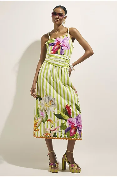 Green Striped Wrap Waist Beaded Midi Dress