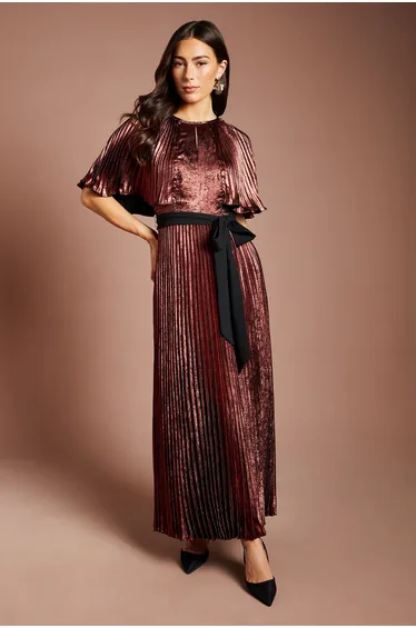Coast Muse Pleated Cape Detail Metallic Maxi Dress With Tie