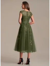 Cap Sleeve See-through Patchwork A-Line Tea Length Wedding Guest Dresses - 1