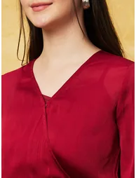 Solid Satin Wrap V-Nceck Ruffled Sleeves Top - 4