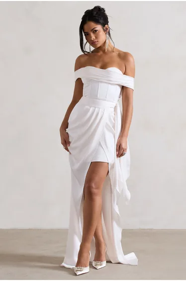 Milano | Cream Satin Bardot Maxi Dress With Detachable Skirt