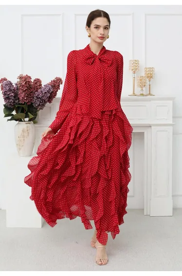 Cascade Ruffle Polka Dot Bowknot Chiffon Maxi Dress in Red
