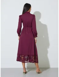 Burgundy Lace Trim Shirt Maxi Dress - 4