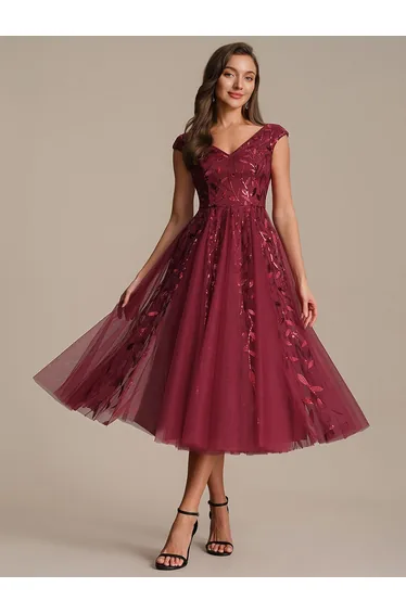V-Neck Midi Sequin Sleeveless Wedding Guest Dress