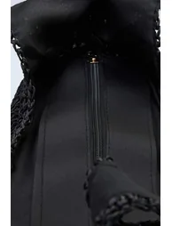 Black Straw Hand Knitted Women's Medium Shoulder Bag - 3