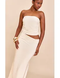 Almond Double Layer Slinky Twist Detail Maxi Skirt - 3