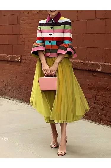 Flared Sleeves Multi-Colored Striped Lapel Jackets Outerwear