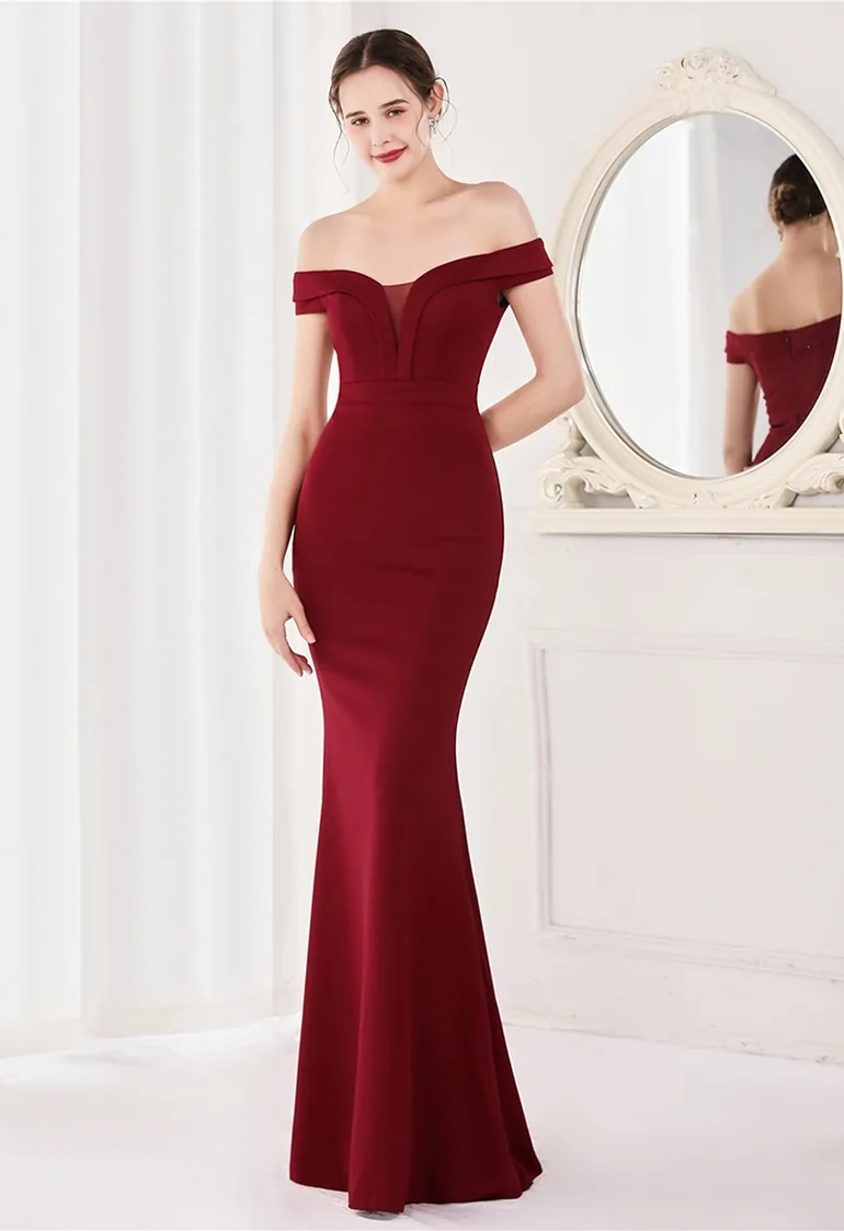 Off-Shoulder Mesh Inserted Satin Gown in Burgundy - 2