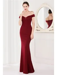 Off-Shoulder Mesh Inserted Satin Gown in Burgundy - 1