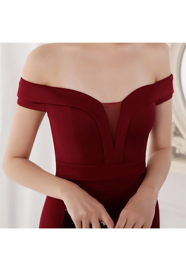 Off-Shoulder Mesh Inserted Satin Gown in Burgundy - 6
