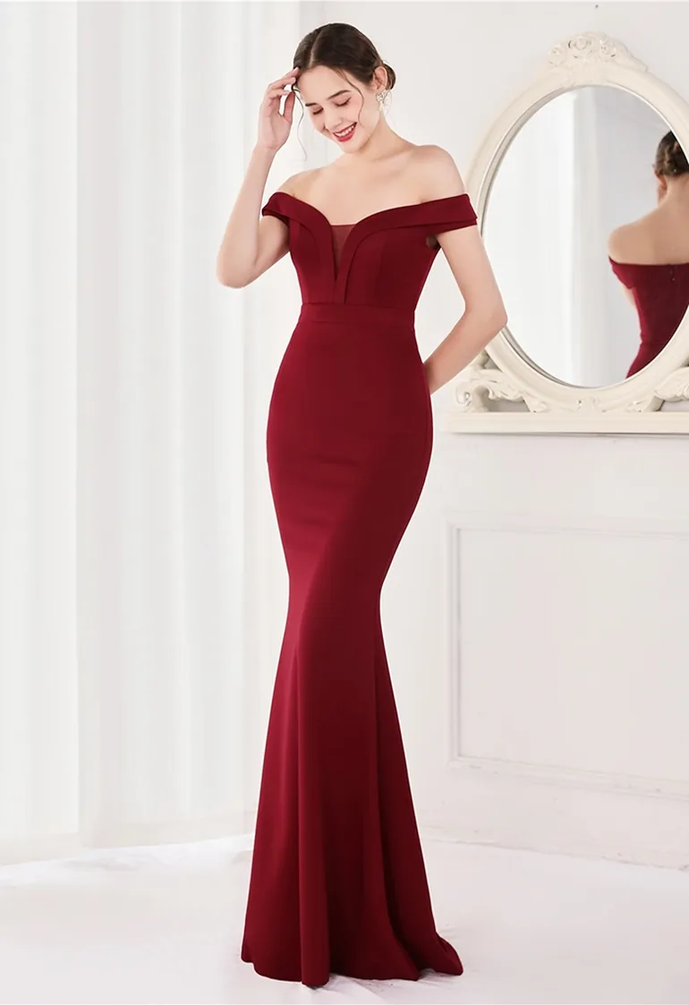 Off-Shoulder Mesh Inserted Satin Gown in Burgundy - 4